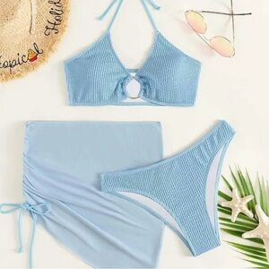 NWOT Make Me Chic Women's Medium 3 Piece Light Blue Bikini Set Cover Up Skirt